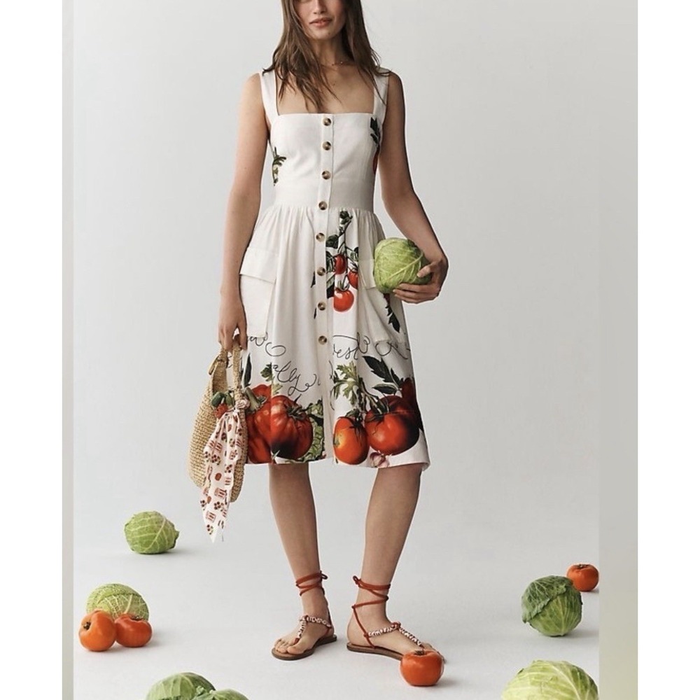 Anthrplogie Maeve Button-Front Fit & Flare Tomato Midi Dress Size L